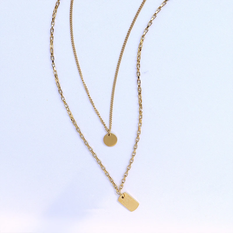 

SODROV Stainless Steel Jewelry English Double Layered Square Brand Pendant Necklace Women's Fashion Clavicle Chain BSP827