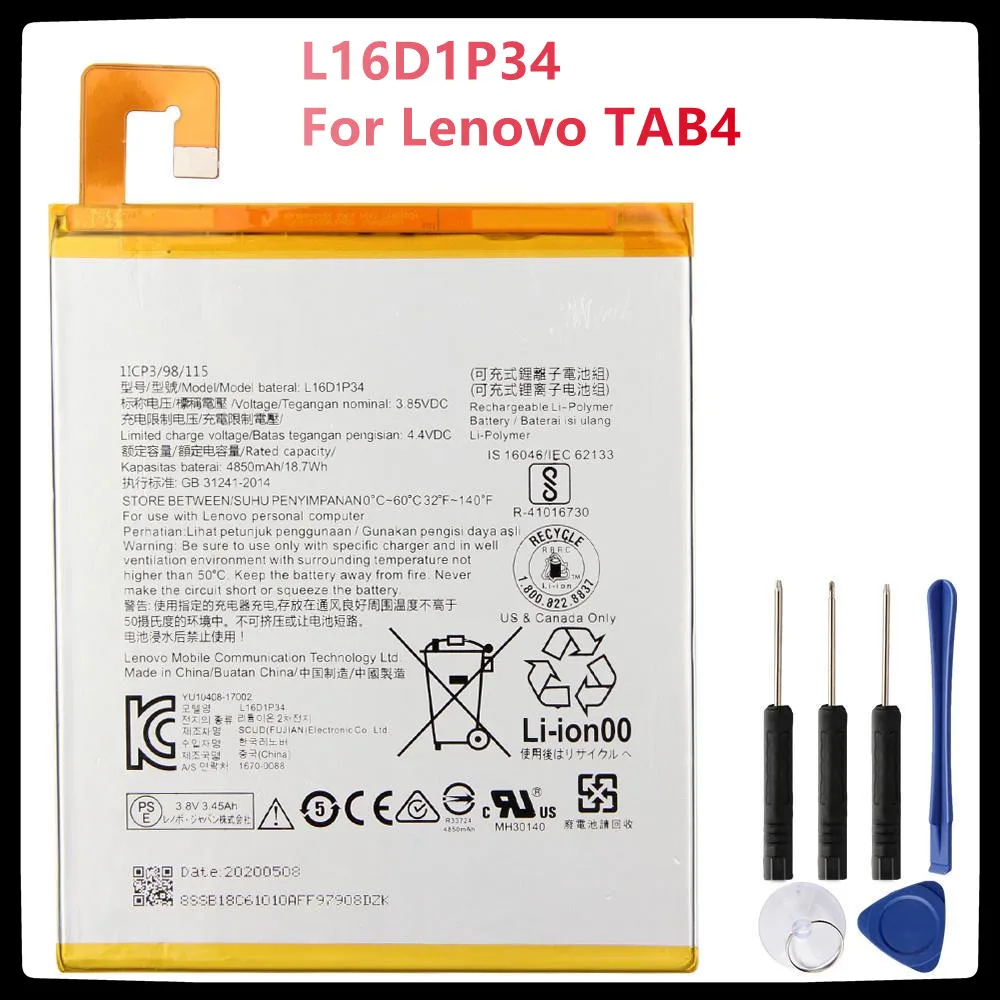 

Original Tablet Battery L16D1P34 For Lenovo TAB4 8 TB-8504N/F Tablet PC TAB4 8 Plus Replacement Rechargable Batteries 4850mAh