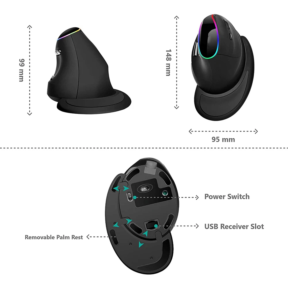 

2.4G RGB Accessories Ergonomic 4 Adjustable DPI Fashion Rechargeable Vertical Wireless Mouse Small Silent Home Office For Mac