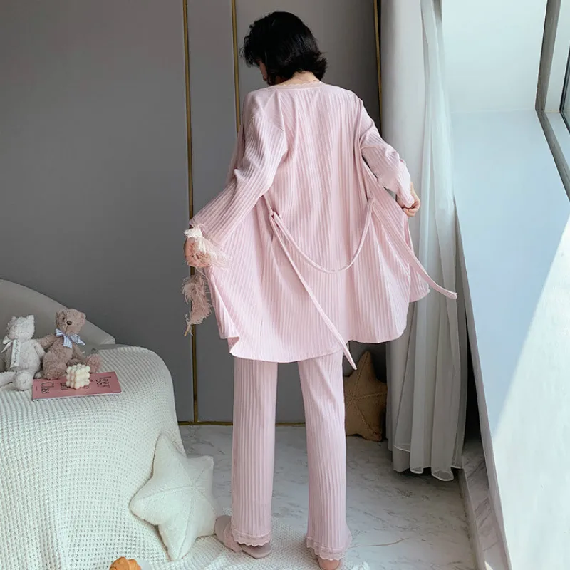 3 шт. халат комплекты сексуальный кружевной пеньюар костюм хлопковая одежда для