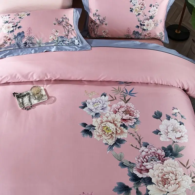 Pink Long-staple Cotton Bedding Set Chinese classical style Bed flowers Duvet Cover/sheet/pillowcase Queen/King Size | Дом и сад