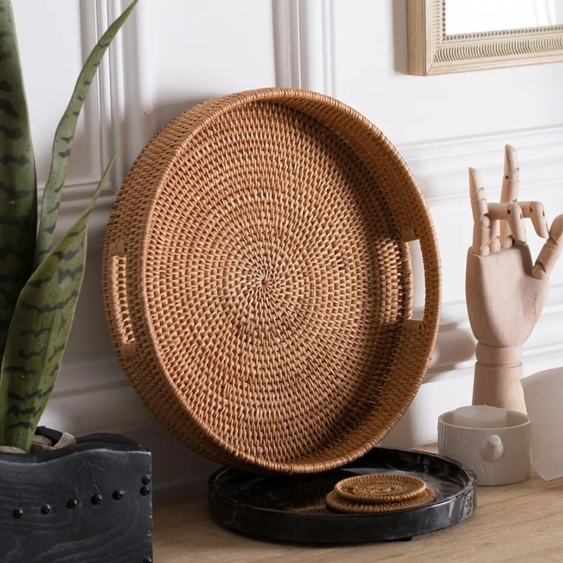 Rattan Basket Hand-Woven Coffee Breakfast Severing Tray Food Storage Platters Bread Plate with Handler For Drink Snack Tea | Дом и сад