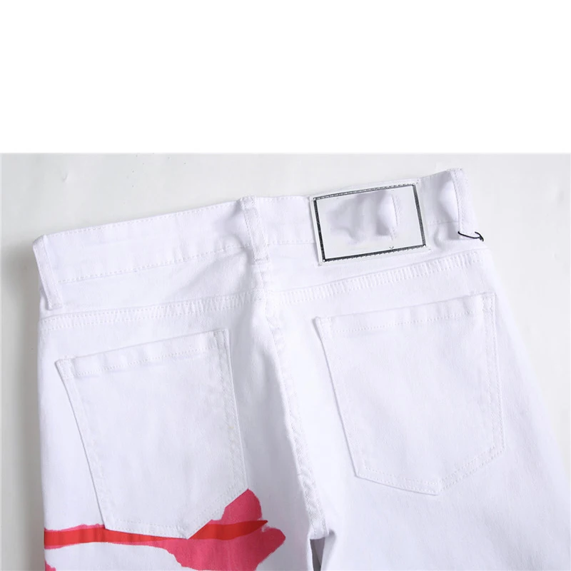 Men'S Jeans White Printing Slim Denim Trousers Biker High Quality Male Straight Casual Designer Comfortable Advanced Pants