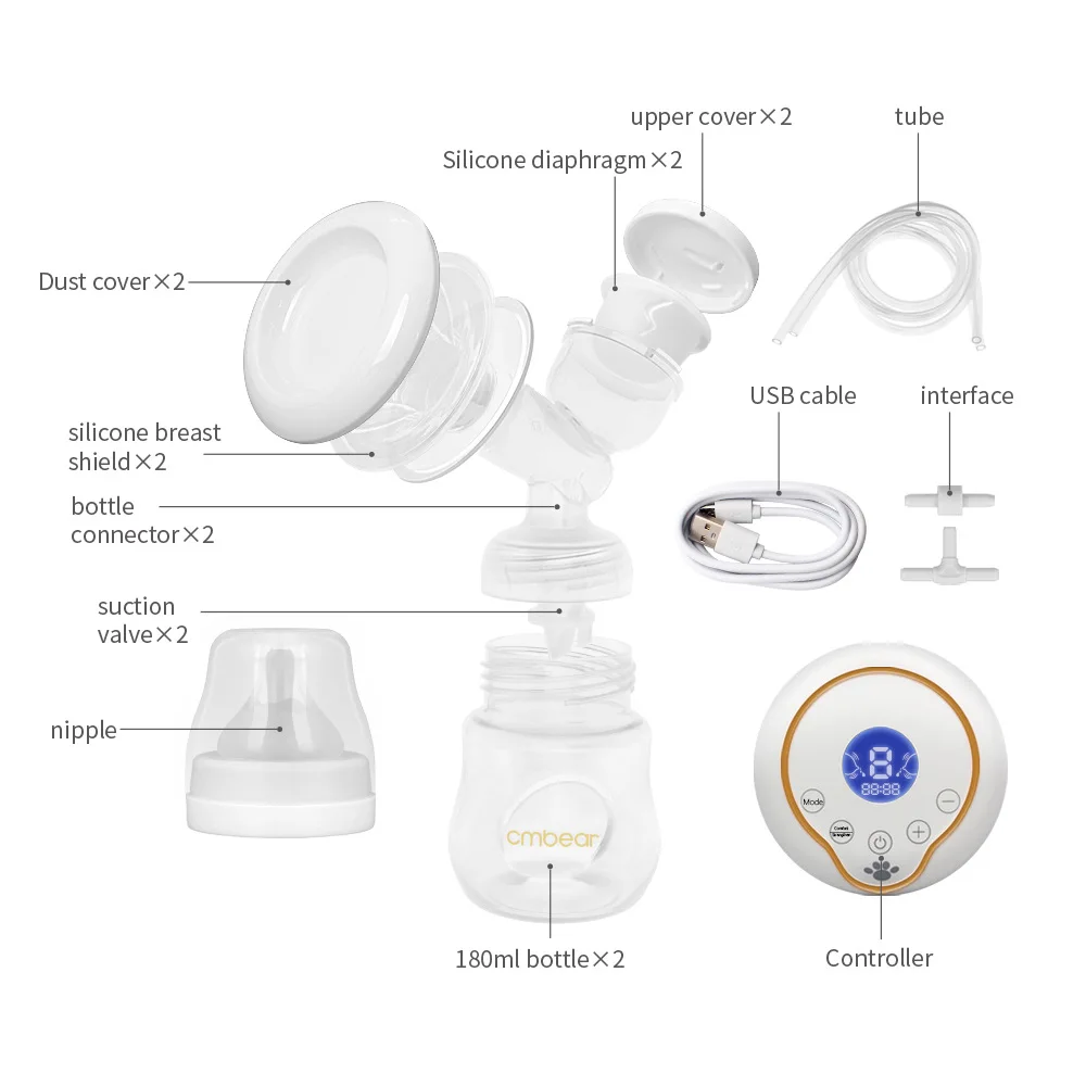 CMbear-extractor de leche el&eacute;ctrico doble con pantalla LED, bomba de masaje de succi&oacute;n fuerte, Material PP, con botella de leche sin BPA-4
