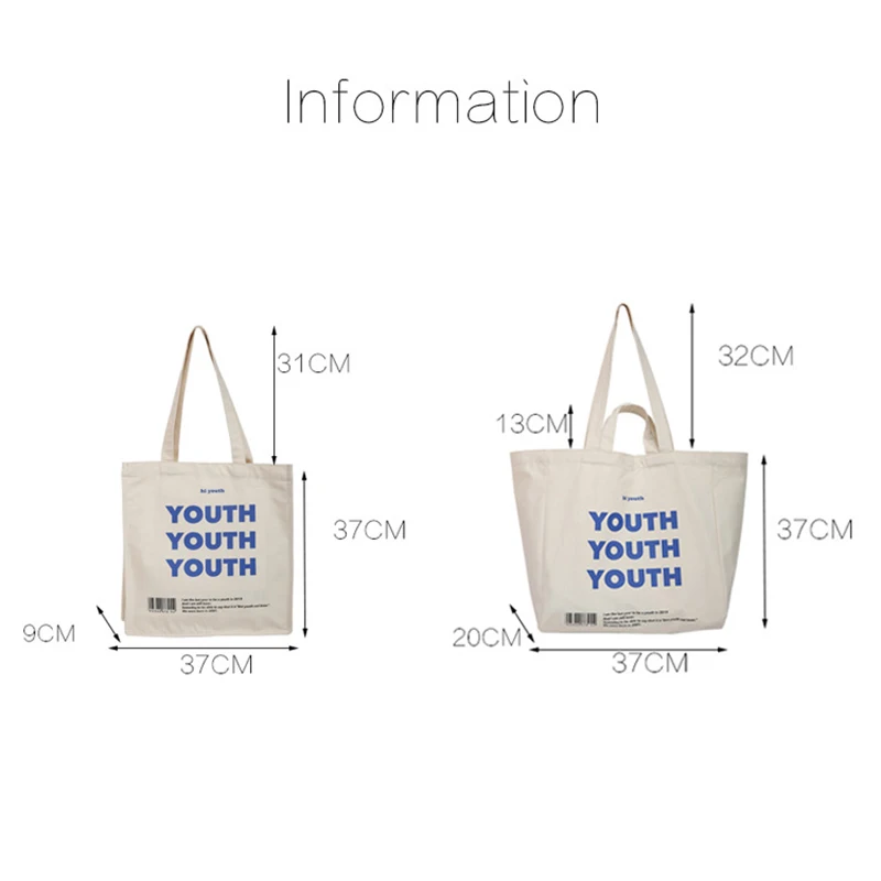 

Women Canvas Shopping Bag YOUTH Letters Print Female Cotton Cloth Shoulder Bags Eco Handbag Reusable large capacity Tote Bag