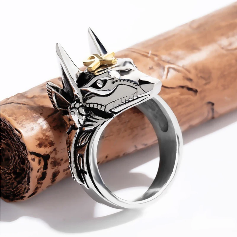 

Unisex Self Defense Ring Punk Anubis Egyptian Cross Beast Anti-wolf Finger Ring Steel Vintage Wolf Rings Gift Adjustable size