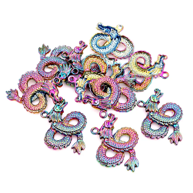 

10pcs Rainbow Color Dragon Pendants Necklace Charms Alloy Animal Zodiac Dragon DIY Accessories For Necklace Jewelry