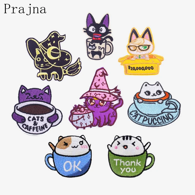 

Prajna 8PCS Cartoon Cat Applique Patches For Clothing Thermoadhesive Patches Animal Embroiderd Paches On Clothes Stickers Badges