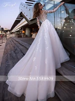 Traugel O Neck A Line Beach Lace Wedding Dresses Elegant Long Sleeve Bridal Dress Court Train Wedding Gowns for Bride Plus Size
