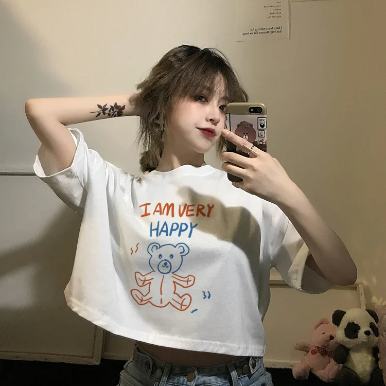 

Summer 2021 New Printed Short-sleeved T-shirt Women Ins Loose High-waisted Short Cropped Black Cropped Top