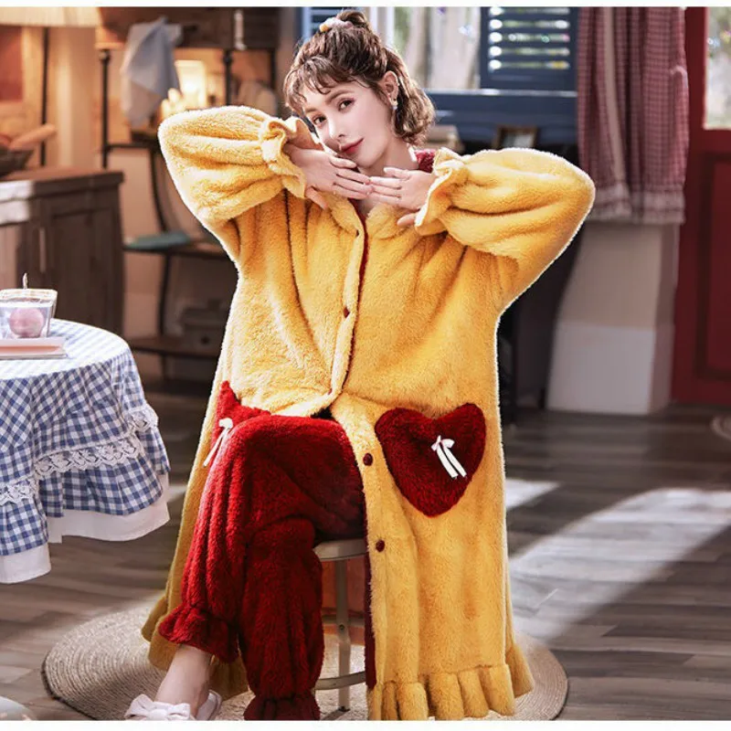 

2021 Winter Flannel Pajamas Set For Women Animal Thick Warm Cute Long Sleeves Sleepwear Loose Pyjamas Suit Homewear Clothes