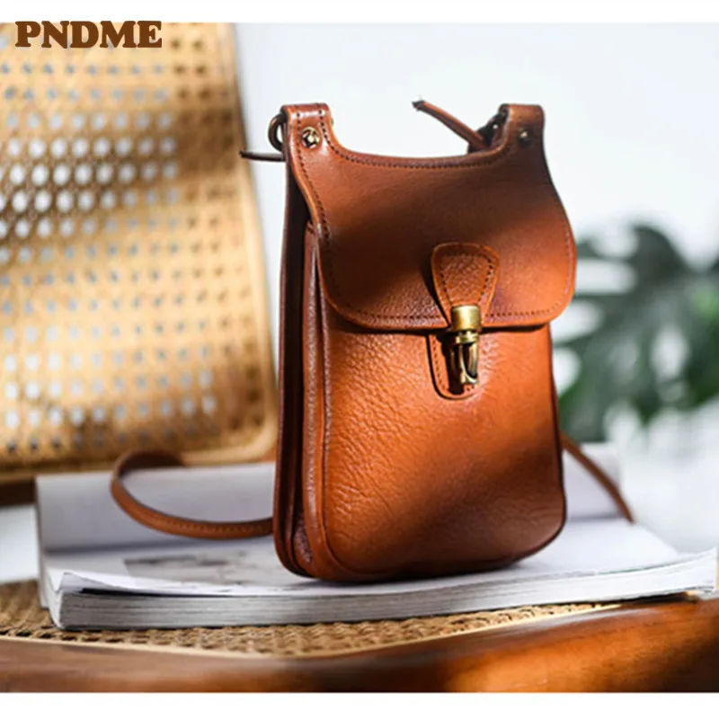 PNDME luxury natural genuine leather ladies mini messenger bag fashion weekend daily real cowhide women's small shoulder bag