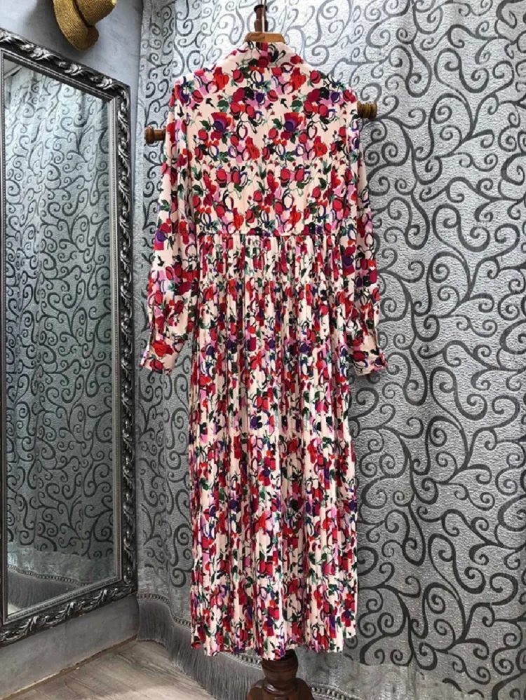 

Fashion Spring Newest Dress 2021 High Quality Women Bow Collar Sweet Red Floral Print Long Sleeve Mid-Calf Length Pleated Dress