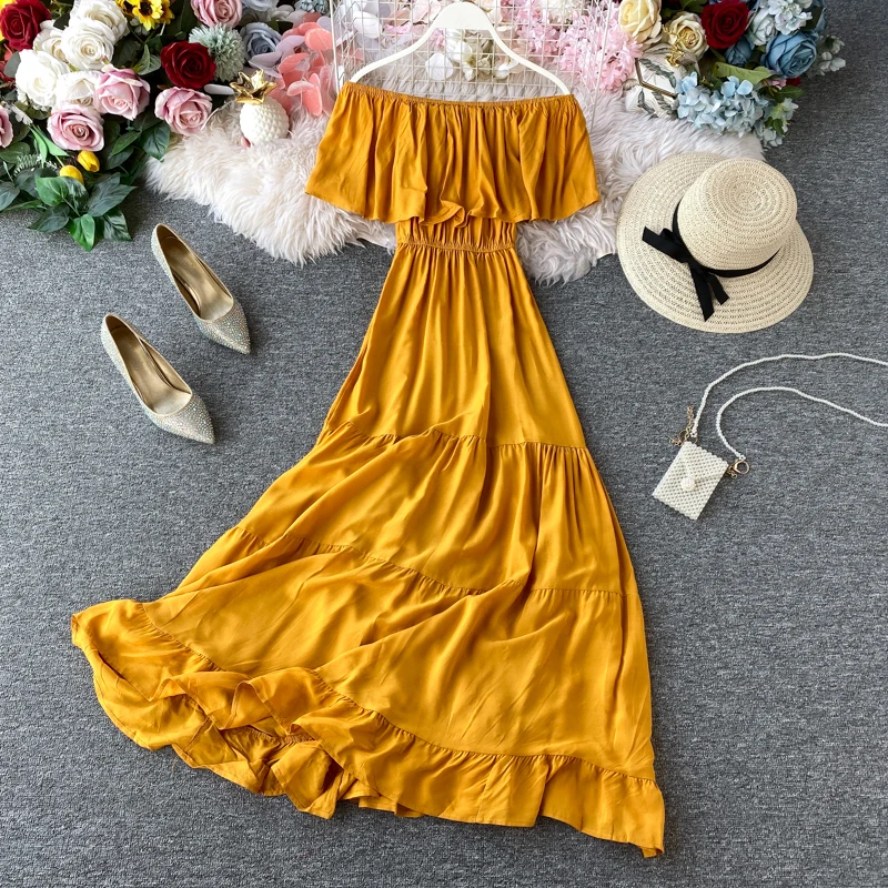 Желтое пляжное женское 2019 Новое Сексуальное Тонкое длинное праздничное платье