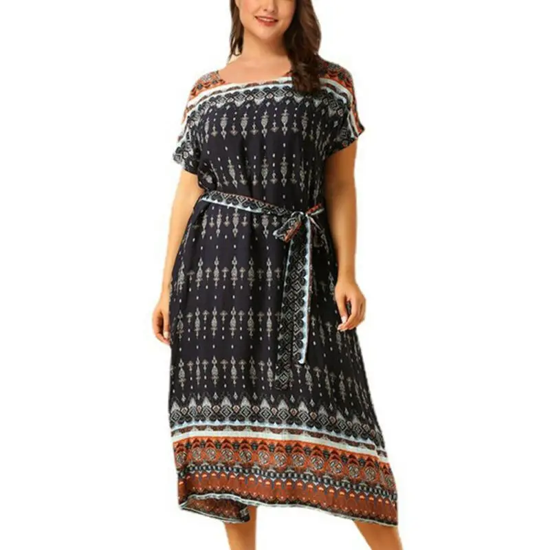 

Holiday Short Sleeve Maxi Dress for Women Fashion Lady 2021 Summer Loose Party Dress Vintage Printed Pullover Round Neck Clothes