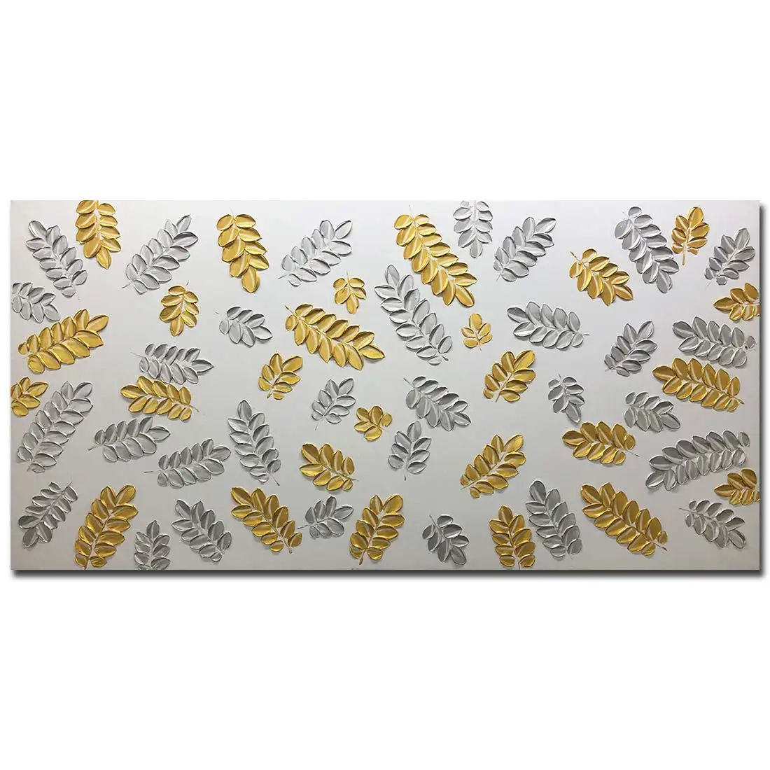 

Textured Hand-Painted Abstract Leaves Canvas Wall Art Gold Silver Oil Paintings Simple Modern Artwork Hanging Wall Decor No Fram