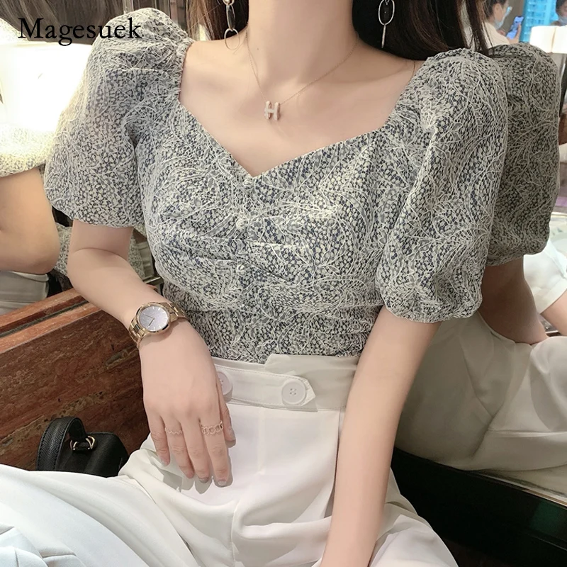 

2021 New Summer Women Shirt Puff Sleeve Lace Bandage Hollow Short Tops for Women Vintage Print Square Collar Blouse Blusa 14429