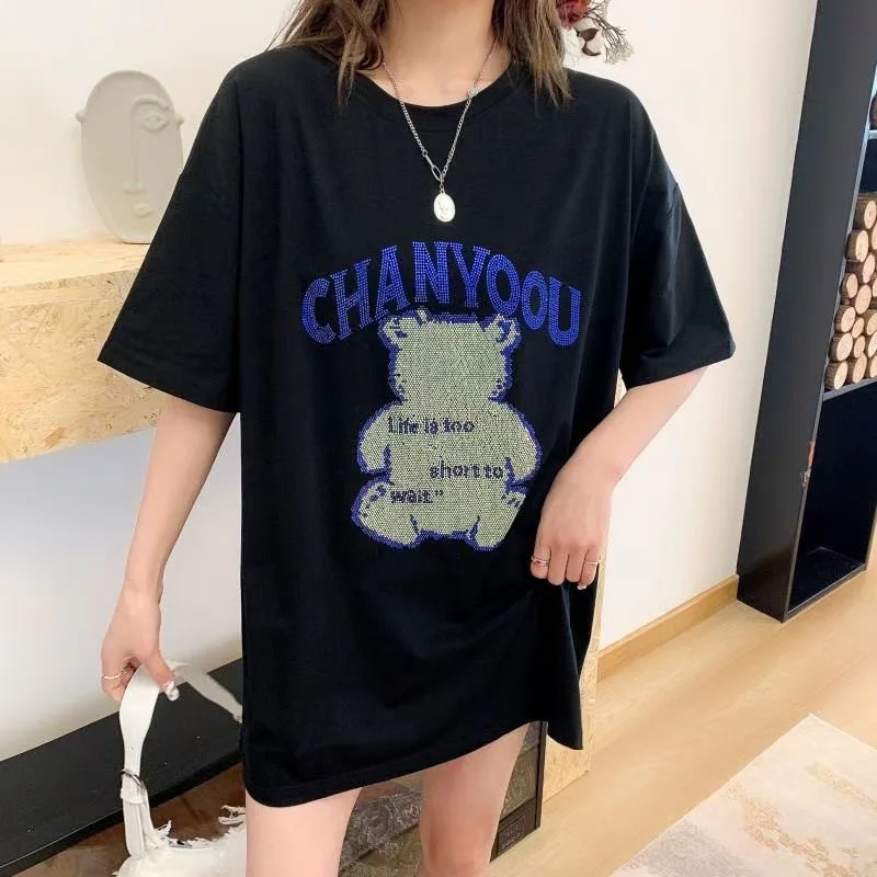 

2021 Summer New Fashionable Hot Drilling Letter Cartoon Basic Shirt Young Students Round Neck Female Top Short Sleeve T-shirt