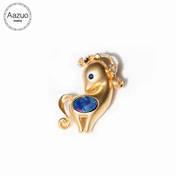Aazuo 18K Yellow Gold Natural Blue Opal Sapphire Real Diamond Animal Horse Pendent With Chain Gifted for Women Valentine's Day