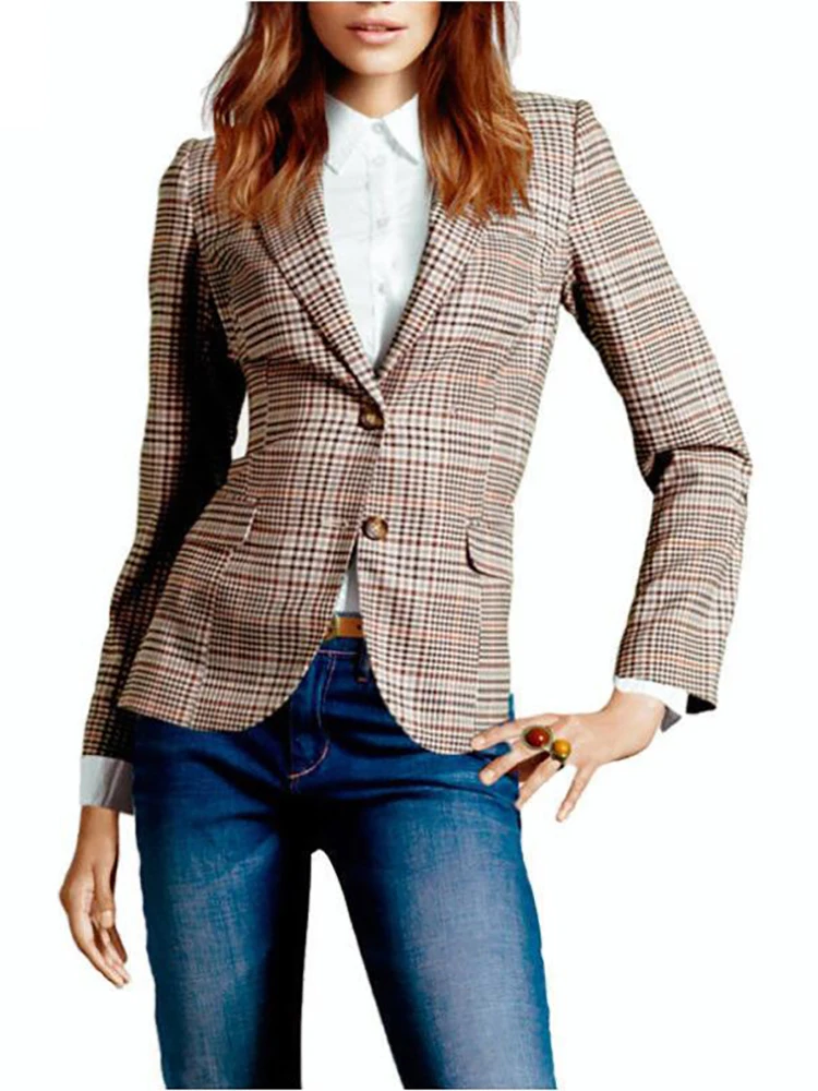 

Women Blazer Outerwear Spring/Autumn Female Suits Coat Ladies Slim Fit Plaid Elbow Patches Single Breasted Jacket Clothes77