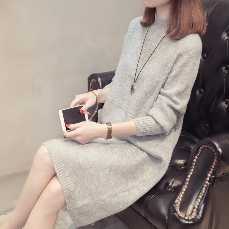 

2021 Autumn Winter Half Turtleneck Knitted Dress Women Thick Warm Long Sleeve Knee-Length Sweater Dress Casual Vestidos