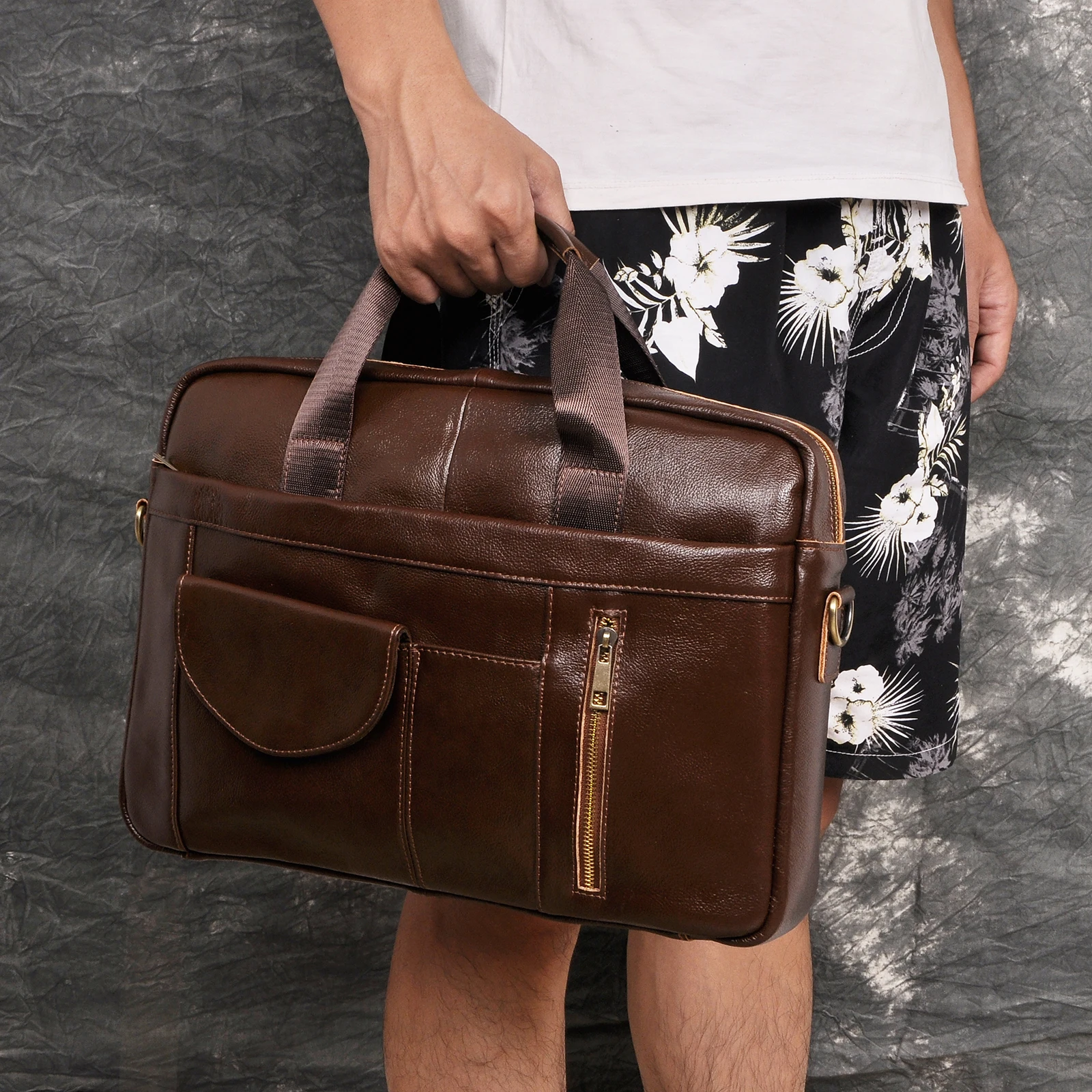 Мужской коричневый деловой портфель из вощеной кожи с масляным покрытием в