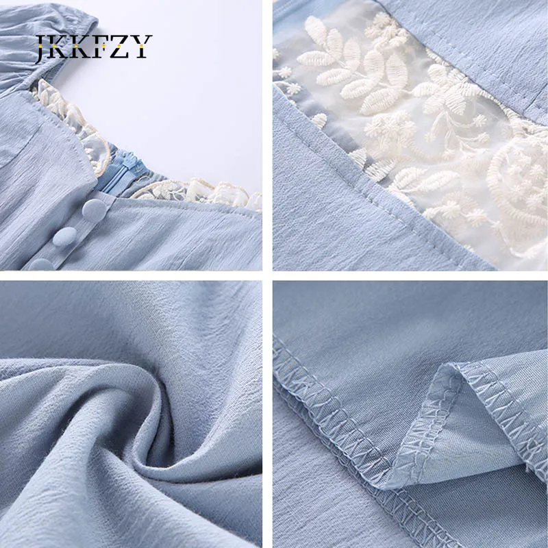 

Lace Patchwork Blue Dress 2021New Summer Court Style Retro Puff Sleeve Dress Female Draw Back Thin V Neck Long Dresses Cotton