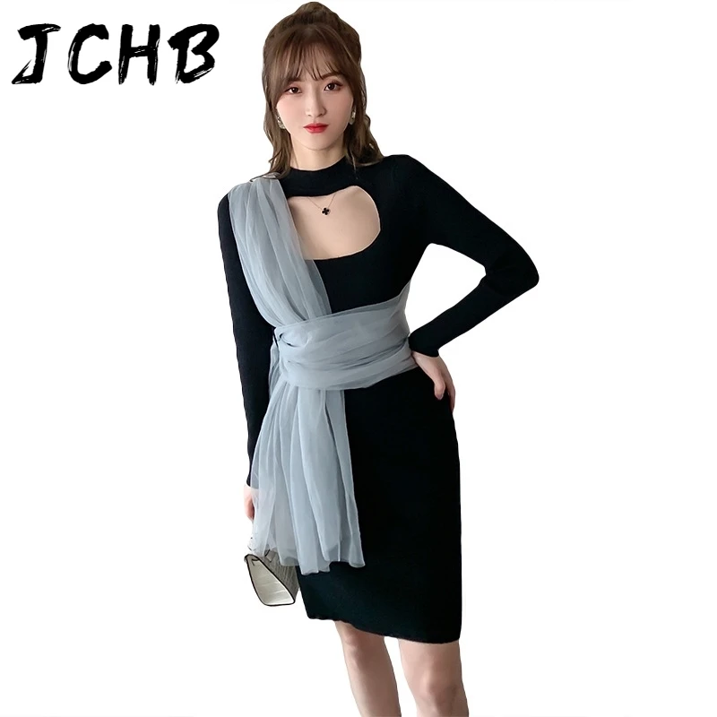 

JCHB Hollow Out Elastic Knitted Sheath Dress With Mesh Long Sleeve Solid New Fashion Tide 2021 Spring GX074