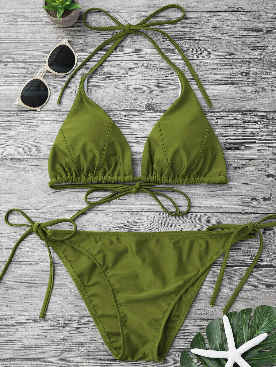 

Women Split Swimsuit Set, Solid Color Backless Deep V-neck Bikini + Lace Up Panties for Summer