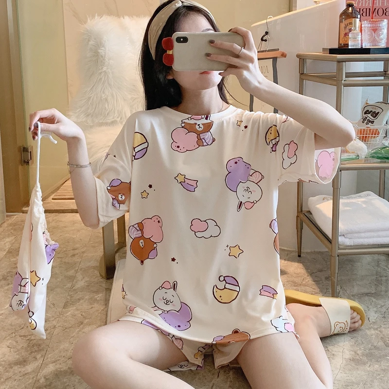 Пижама WAVMIT из полиэстера с коротким рукавом Милая женская одежда для сна отдыха 3