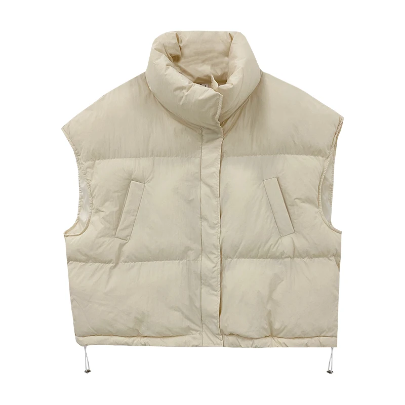 

2021 Spring and Autumn Women Sleeveless Vest Cotton-padded Short Waistcoat Kawaii Outwear Female Beige Solid Color Casual Coat