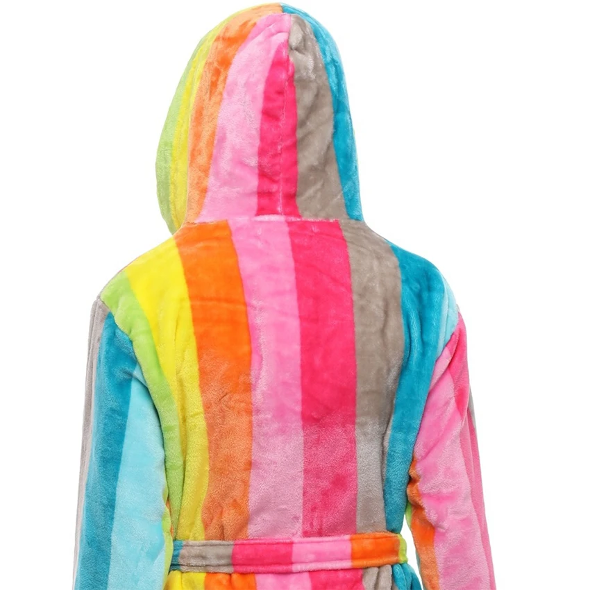

Christmas Soft Winter Warm Plush Robes Hooded Flannel Kimono Sleepwear House Coat Cute Long Rainbow Printed Bathrobe Nightgown
