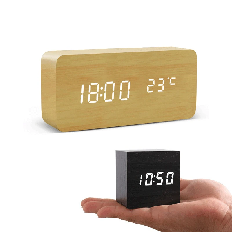 

Alarm Table Clock LED Digital Wooden Watch Voice Control USB Rechargeable Powered Electronic Desktop Smart Clocks