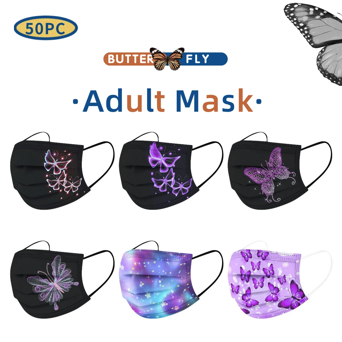 

50pc Disposable Adults Mask Butterfly Print Black Ear Loop Facemask Mondmasker Harajuku Mascarillas Halloween Cosplay Mascherine