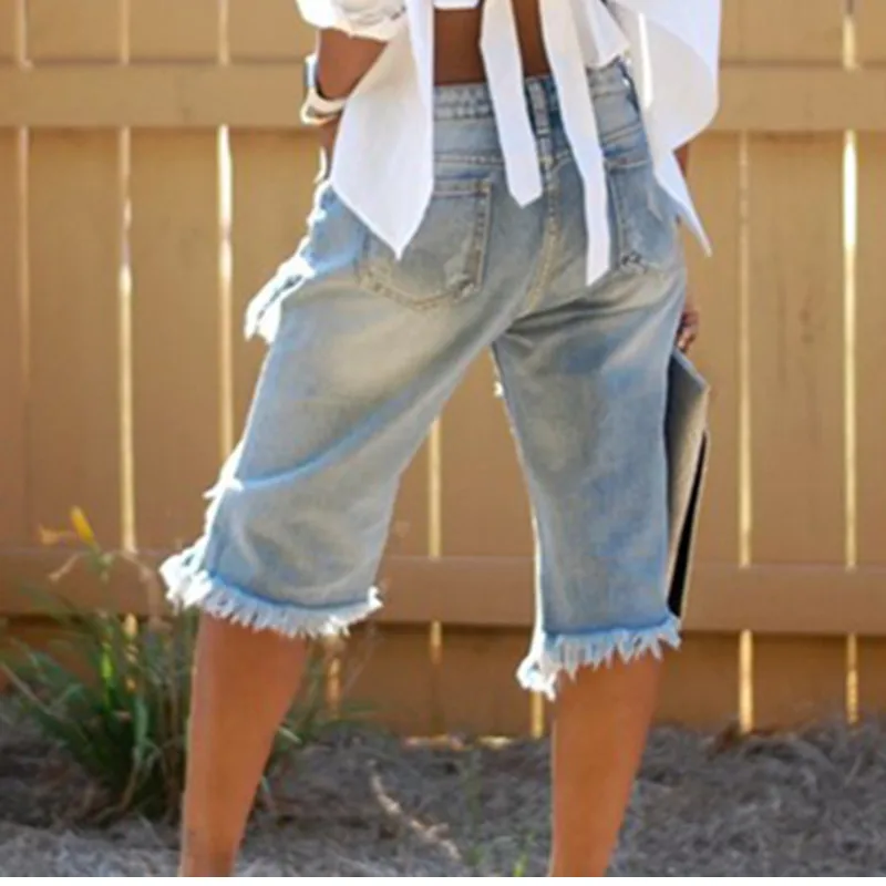 

Sexy Ripped Hole Knee Length Baggy Denim Shorts Women Loose Straight Short Jeans New 2021 Summer Plus Size Shorts Streetwear