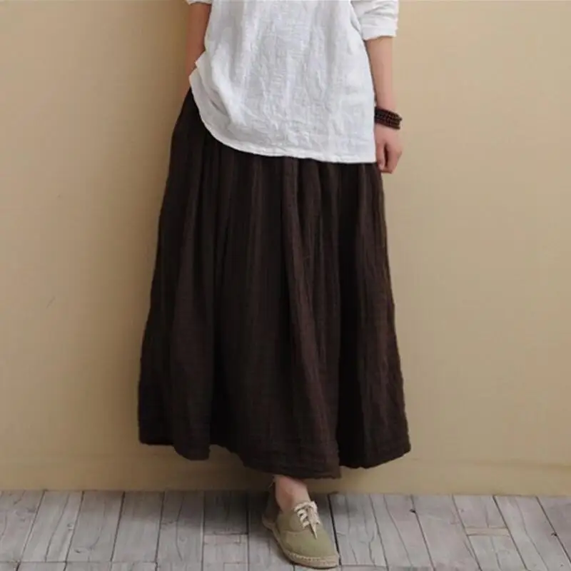 

Женская длинная Плиссированная юбка, повседневная Однотонная юбка из хлопка и льна в винтажном стиле с поясом на резинке, осень-лето 2022