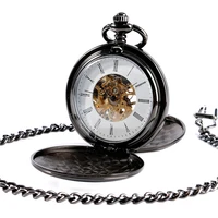 antique full black smooth case unisex pocket watch skeleton handwind mechanical clock double hunter pendant chain roman number