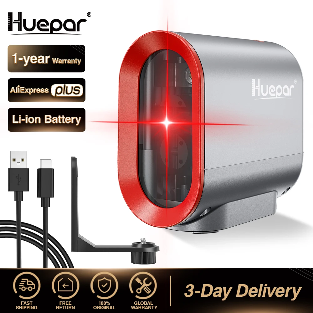 Huepar 2 lines Self-leveling Laser Level &amp Li-ion Battery self-leveling Red Beam Cross Line with Pulse Mode adapter laser Tool |