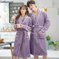 women flannel robes sweet korean fashion couples long sleeve sleepwear lounge comfort thicken coral fleece cute bathrobe female