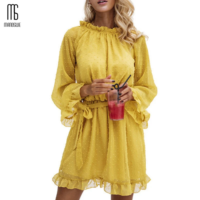 Женское шифоновое платье в горошек вечернее облегающее с длинными рукавами и