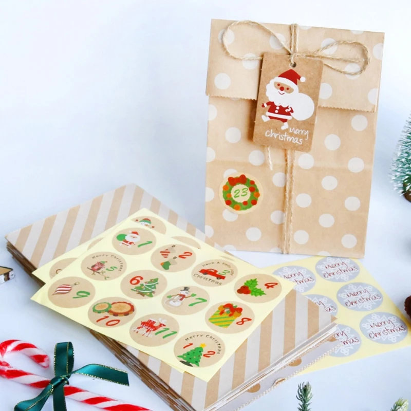 

24 Sets Christmas Paper Bags with Stickers Tags Rope Xmas Gift Packaging Pouch