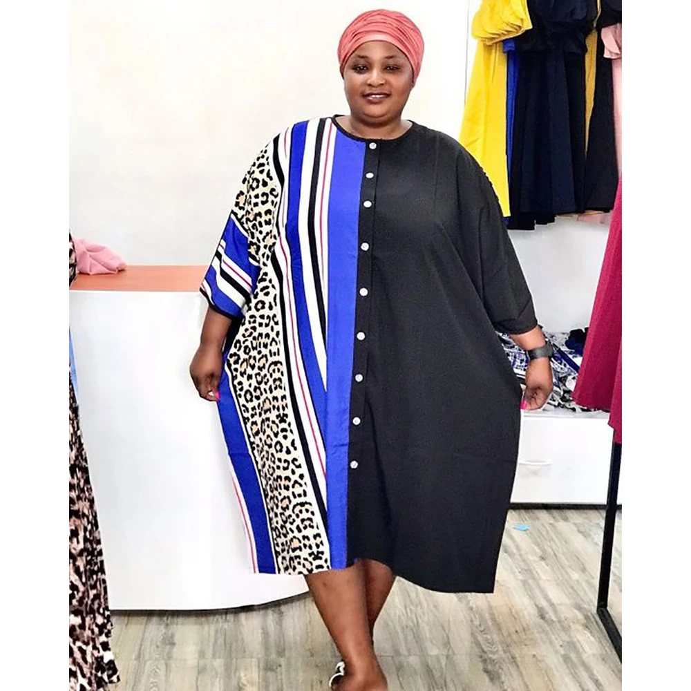 

2021 new African Abaya Dubai plus size loose waist round neck stitching art printing office commuter dress C16