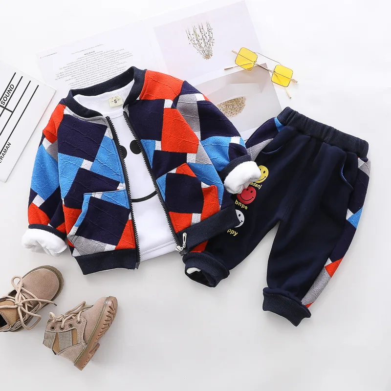 0-4 years winter boy girl clothing set 2019 new casual warm thicken kid suit children baby coat+hoodies+pant 3pcs | Детская одежда и