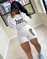 haoohu queen letter knit two 2 piece set for women fall winter fitness outfit slash neck crop top shorts set ribbed tracksuit