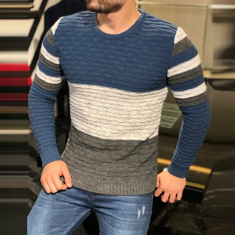 

Suéteres de manga larga para hombre, Jersey informal de almazuela de rayas, W12 grueso y cálido, de punto, con cuello redondo
