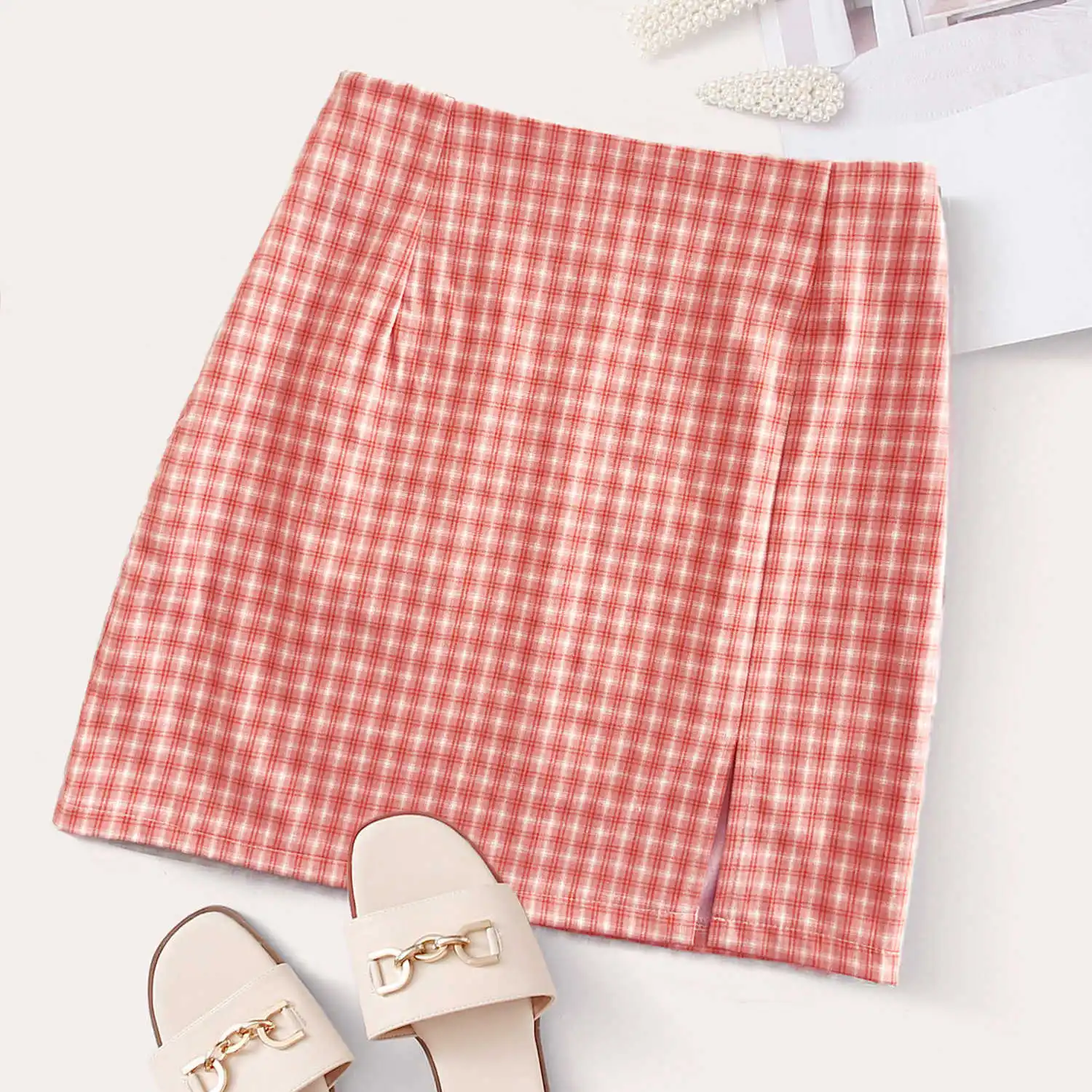 

Summer 2020 Mini Plaid Split Skirt Fashion Versatile High Waist Zipper Slim Skirt Women's Wear