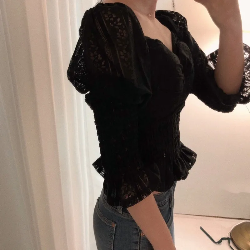 

Women's Sexy Lace Chiffon Shirt Solid Square Collar Lace Hollow Out Puff Sleeves Pleated Waist Short Blouse Autumn Spring 2021