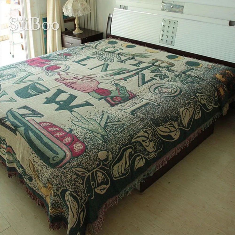 

Одеяло из 100% чистого хлопка в европейском стиле, жаккардовое покрывало с изображением растений/букв, нескользящее покрывало, покрывало для ...