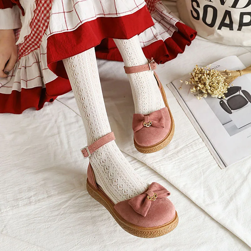 

Lovely Women Lolita Sandals for Coser Girl Butterfly-knot Plus Size 40-43 Wedges Platform Shoes Handmade Flock Buckle Pink Black