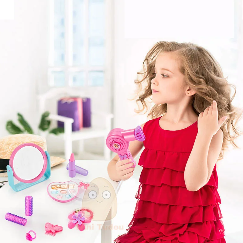 Girls Pretend Play Beauty Toy Cartoon Hair Dryer Makeup Salon Tool Plastic Mirror Hairdressing Gift Set Toys For Children
